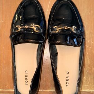 Torrid Glossy Black Loafers with Gold Accents